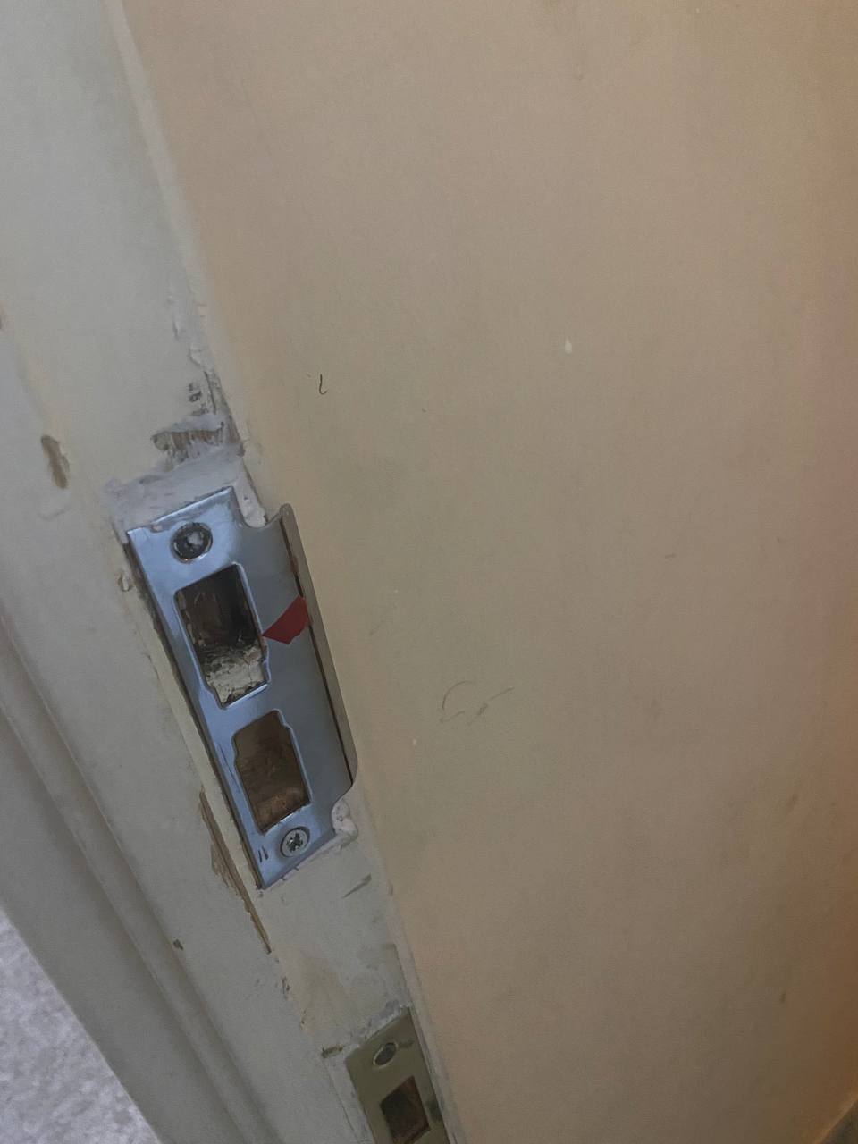 Mortice latch replacement - after (new heavy-duty metal strike plate fitted)
